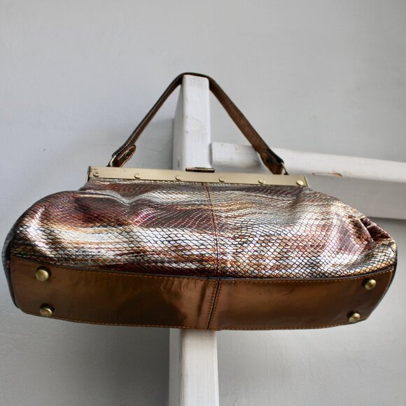 Patricia Nash Metallic Gold Brass Silver Snakeskin Leather Purse Shoulder Bag - Picture 5 of 8